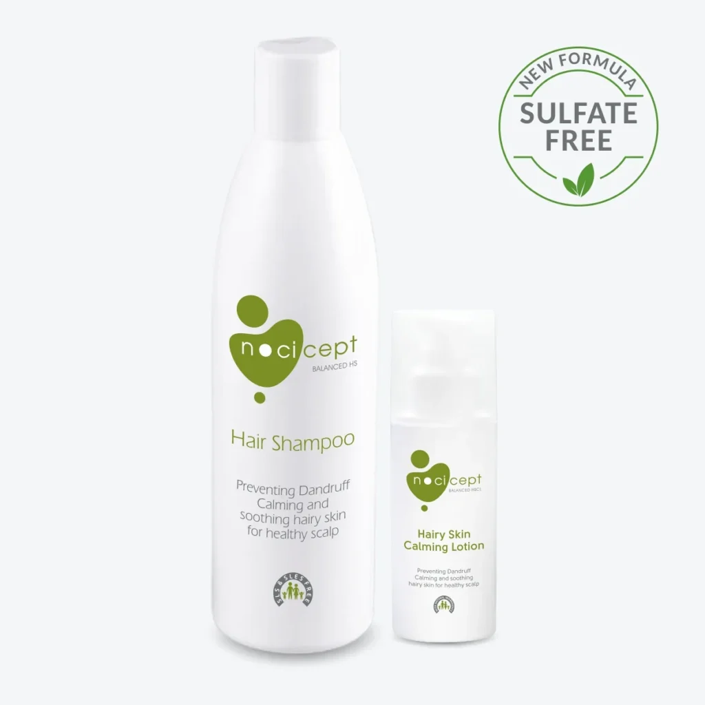 Image of the Nocicept Hair Shampoo and Hairy Skin Calming Lotion product bottles.